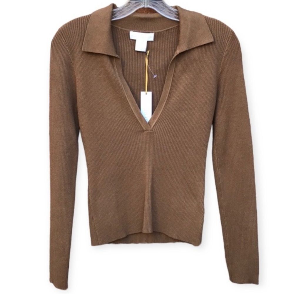 House of Harlow 1960 Deep V-Neck Ribbed Long Sleeve Sweater sz Small NWT Tan - Picture 7 of 7